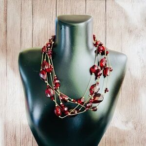 Station Necklace Ruby Tone
Jeweled Multi Strand
Statement Gold Tone Chain
Layers